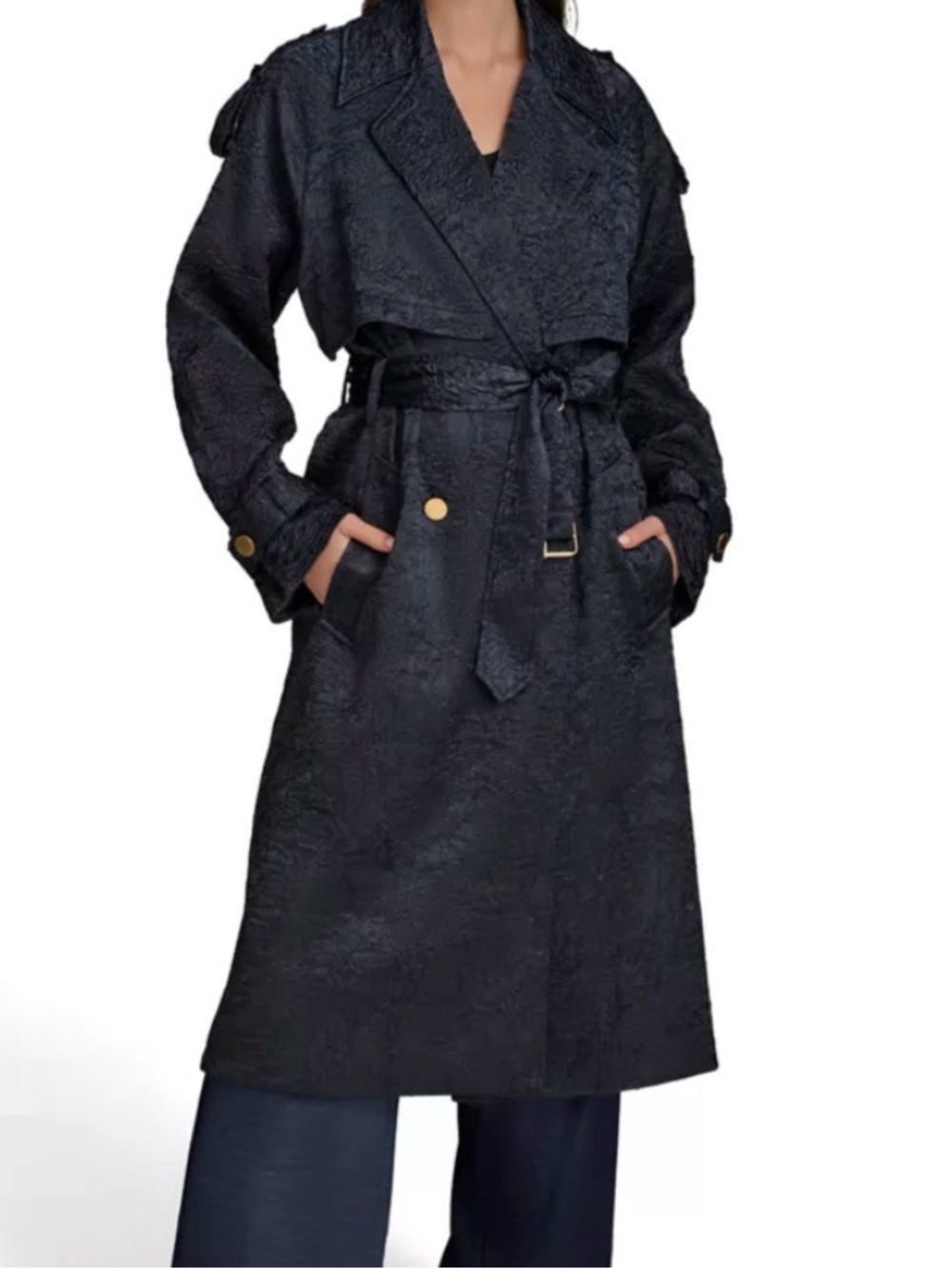 Donna Karan New York Crinkle Satin Navy Trench Coated Belted Gold Accents Sz M